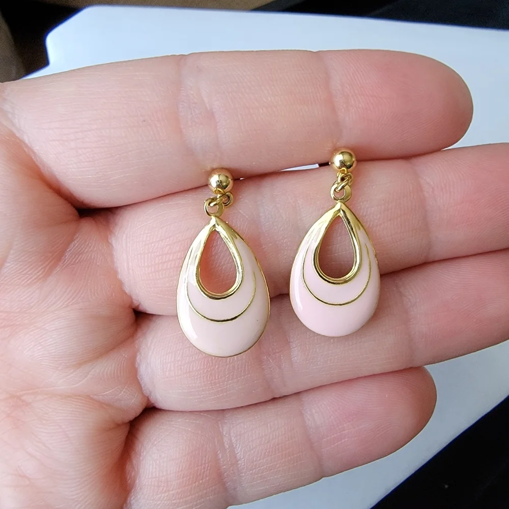 Pretty Pink Vintage Enamel Post Earrings for Pierced Ears Tear Drop Earrings